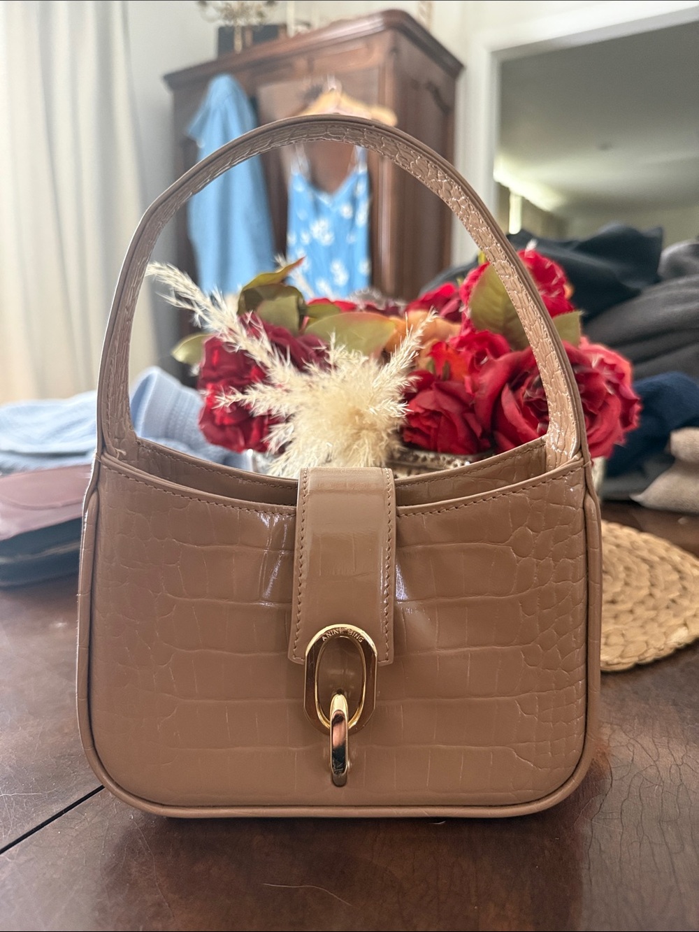 Anine Bing Tan Croc-Embossed Leatherette Shoulder Bag with Gold Hardware